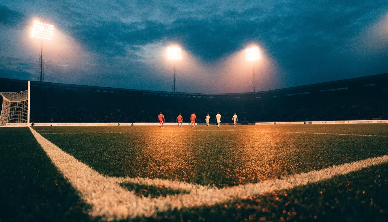 Ein Fußballplatz mit Flutlichtmasten in der Abenddämmerung, aus der Ferne gesehen, leere Tribünen und nasser Rasen unter bewölktem Himmel.