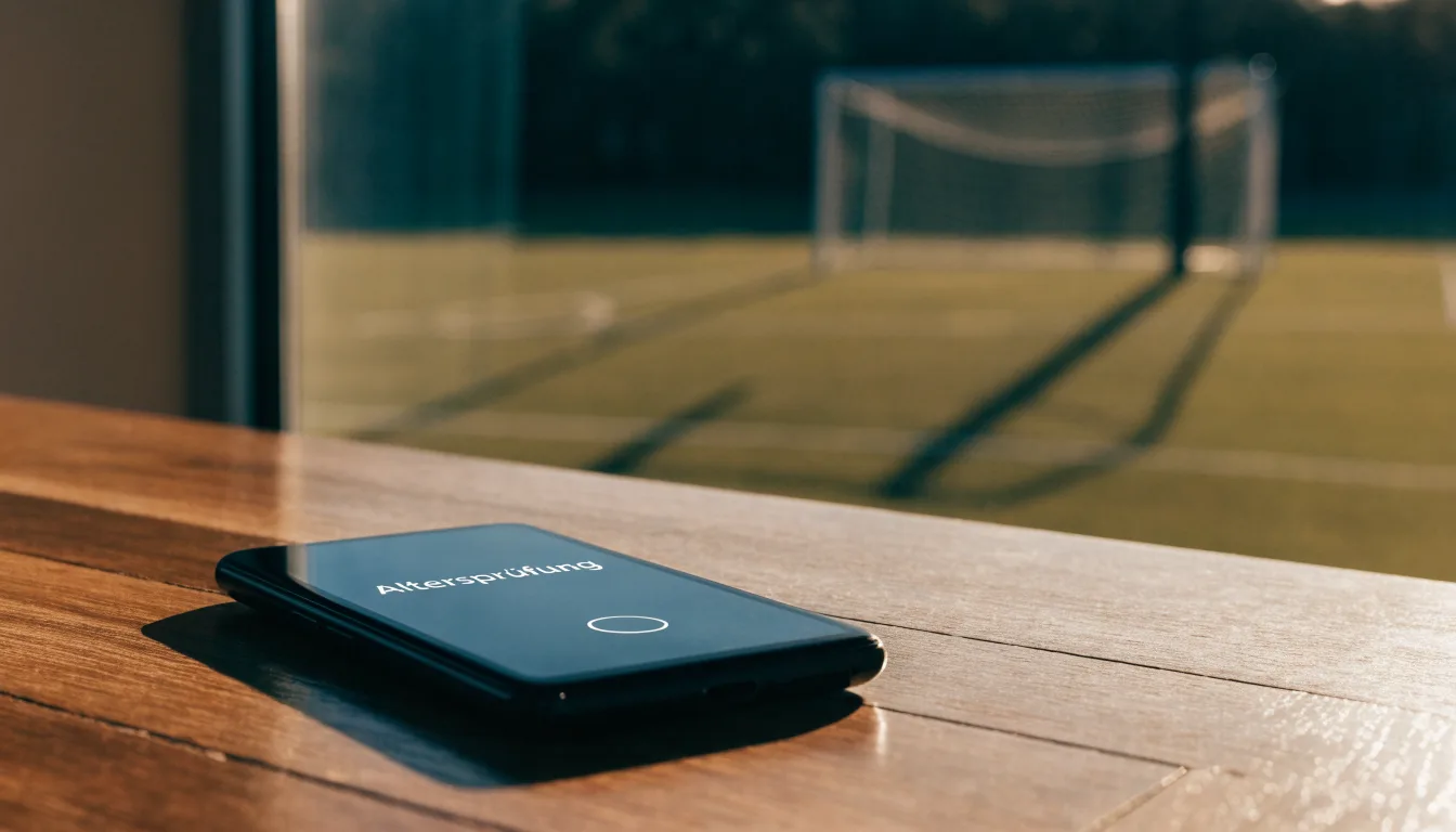 Ein Fußballtor mit Netz bei Sonnenuntergang auf einem leeren Platz, die Schatten der Torpfosten liegen lang auf dem Gras.