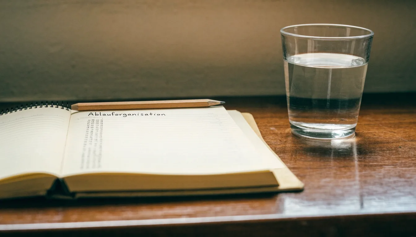 Ein aufgeschlagenes Heft mit handschriftlichen Notizen und ein Bleistift liegen auf einem Schreibtisch, daneben ein Glas Wasser.