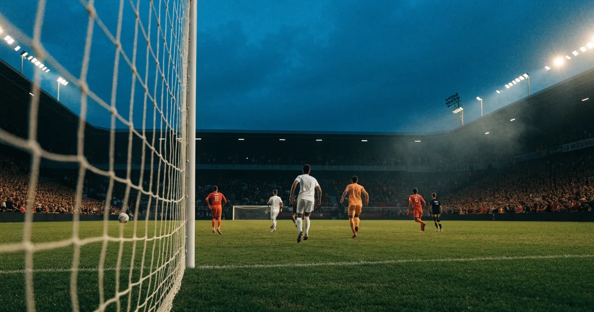 Ein Fußballstadion unter Flutlicht mit hellen Rängen, von einem Hügel aus gesehen, darüber ein dunkelblauer Abendhimmel.