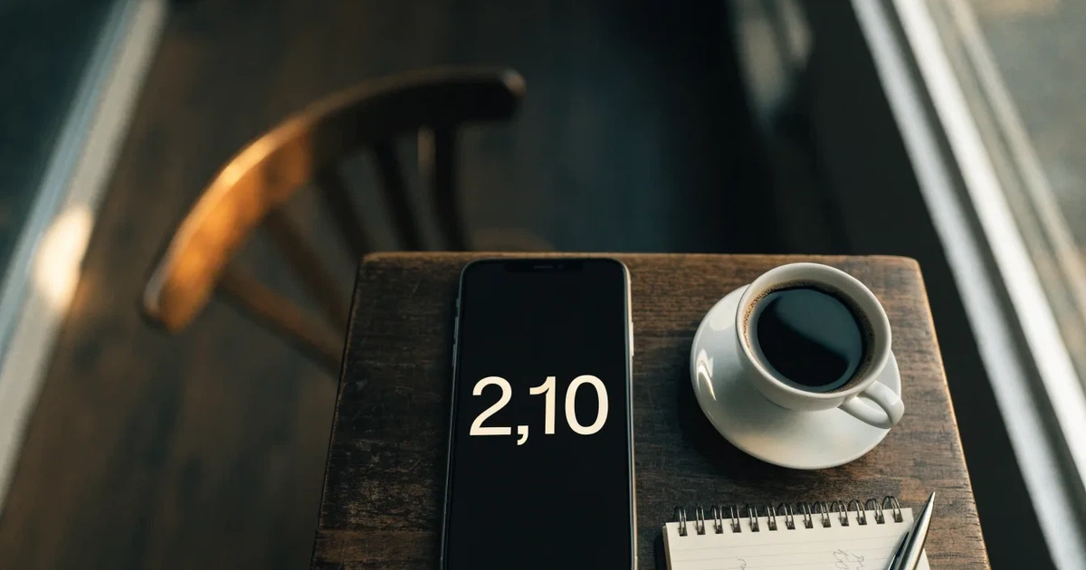 Ein Smartphone mit dunklem Bildschirm liegt auf einem Tisch in einem Café, daneben eine Tasse und ein Notizbuch.