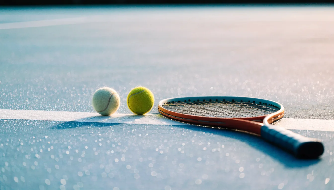 Zwei Tennisbälle und ein Schläger liegen auf der Grundlinie eines Hartplatzes, kleine Wassertropfen glänzen auf dem Belag.