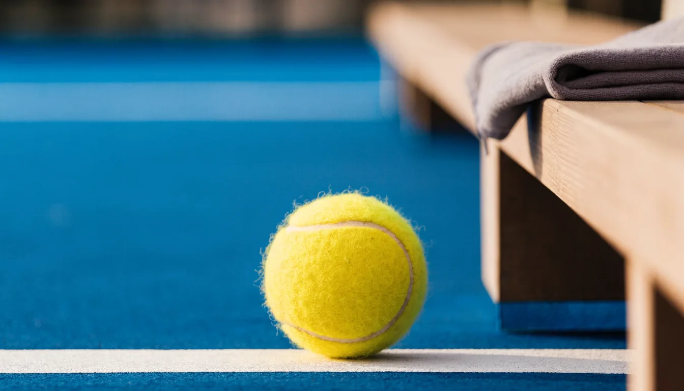 Ein gelber Tennisball liegt auf einer weißen Linie, daneben ein Handtuch auf einer Bank am Spielfeldrand.