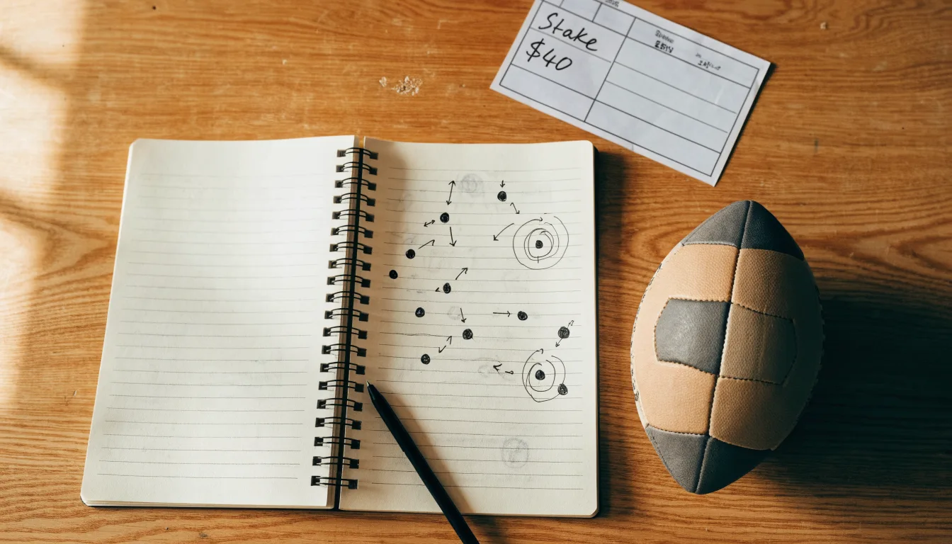 Ein Fußball liegt auf einem Notizbuch mit handgezeichneten Skizzen von Spielzügen, aufgenommen von oben auf einem Holztisch.