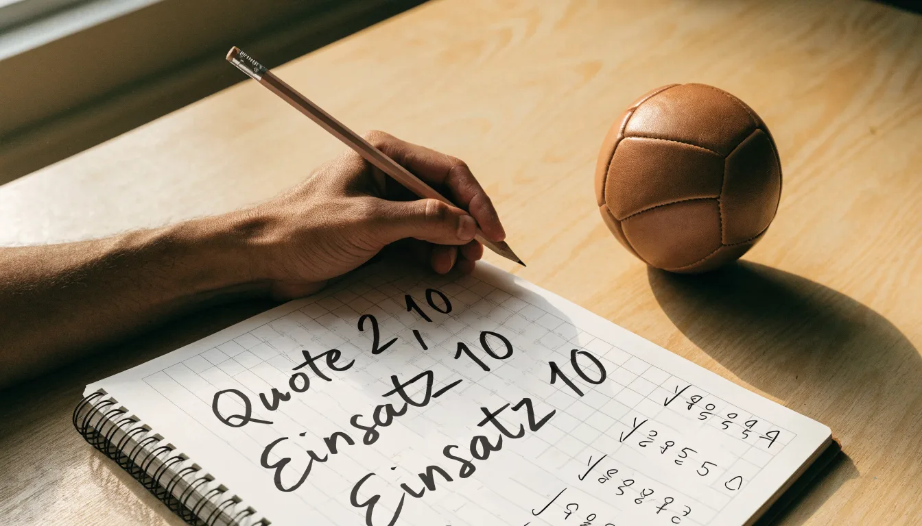 Eine Hand notiert mit Bleistift Zahlen in ein kariertes Heft, daneben liegt ein kleiner Lederfußball auf einer Holzplatte.