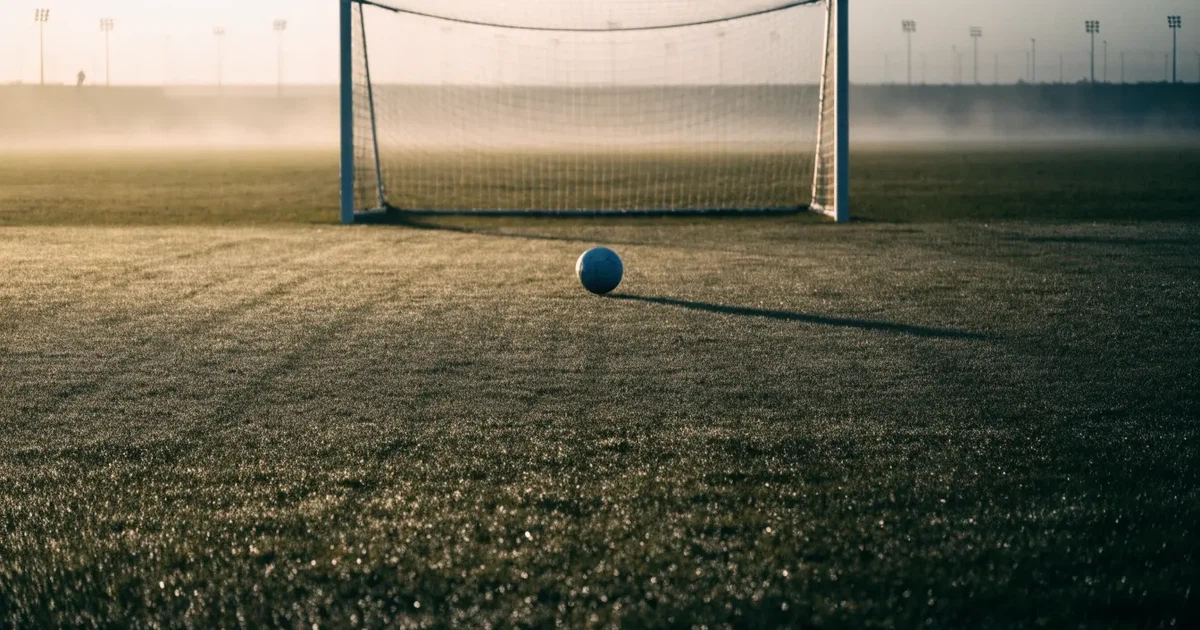 Ein Fußballtor mit gespanntem Netz steht auf einem leeren Rasenplatz, davor ein einzelner Ball, Morgendunst liegt über dem Feld.