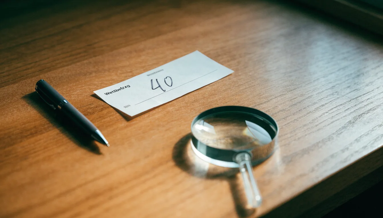 Ein leerer Wettschein aus Papier und ein Kugelschreiber liegen auf einem Schreibtisch neben einer Lupe.
