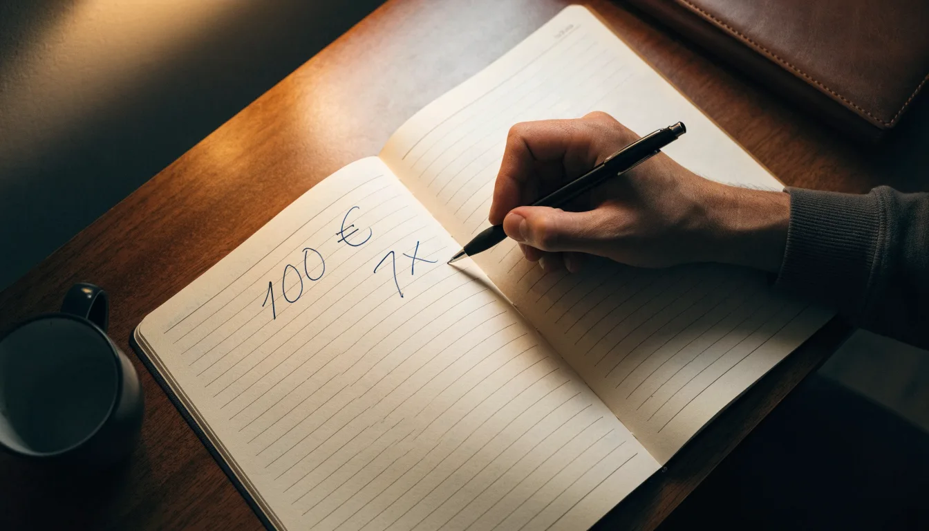Ein Notizbuch mit handschriftlichen Rechnungen und ein Taschenrechner liegen auf einem aufgeräumten Schreibtisch in warmem Licht.