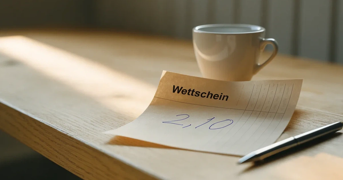Ein leerer Papier-Wettschein liegt neben einem Kugelschreiber und einer Kaffeetasse auf einem hellen Holztisch, Tageslicht von links.