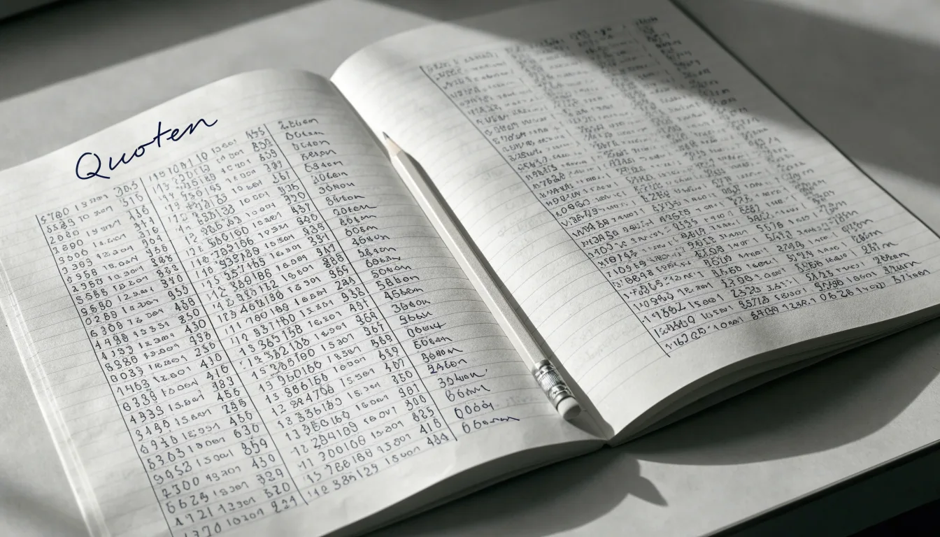 Ein Taschenrechner, ein Bleistift und ein Block mit handschriftlichen Zahlenreihen liegen auf einer grauen Arbeitsfläche.