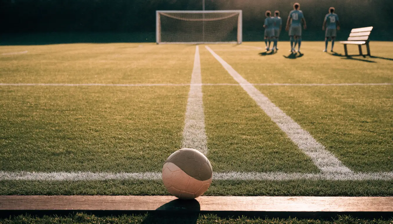 Ein Fußballplatz mit frisch gezogenen Kreidelinien im ersten Morgenlicht, leere Ersatzbänke am Spielfeldrand.
