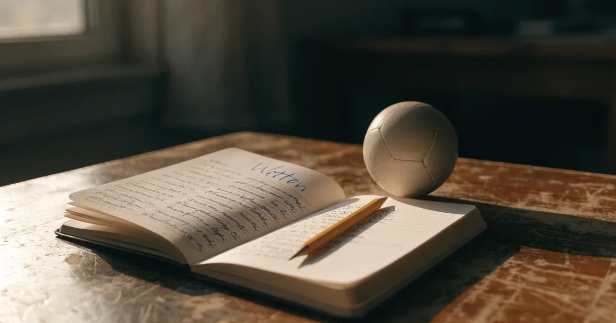Ein Notizbuch mit handschriftlichen Strichlisten, ein Bleistift und ein kleiner Fußball liegen auf einem Schreibtisch vor einem Fenster.