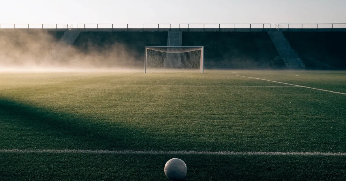 Ein Fußballplatz mit gepflegtem Rasen und einem Tor, über dem Spielfeld liegt Morgennebel, im Hintergrund eine leere Tribüne.
