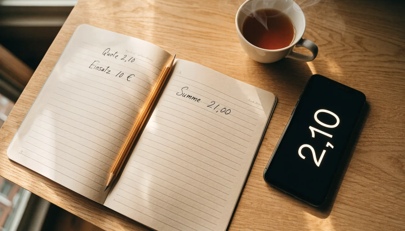 Ein Schreibtisch mit Taschenrechner, Bleistift und einem Block voller handschriftlicher Rechnungen, daneben eine Tasse Tee.