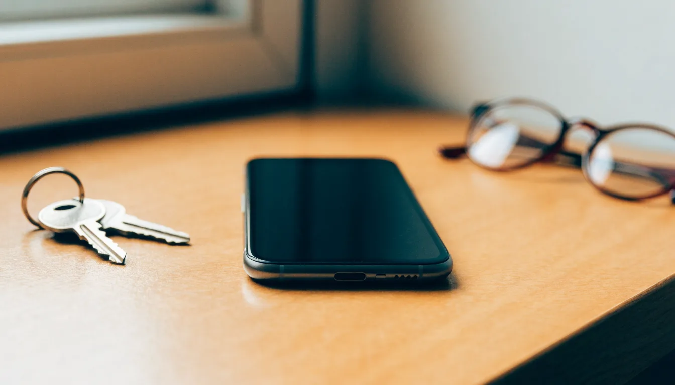 Ein Smartphone liegt mit dunklem Display auf einem Holztisch neben einem Schlüsselbund und einer Brille im Licht eines Fensters.