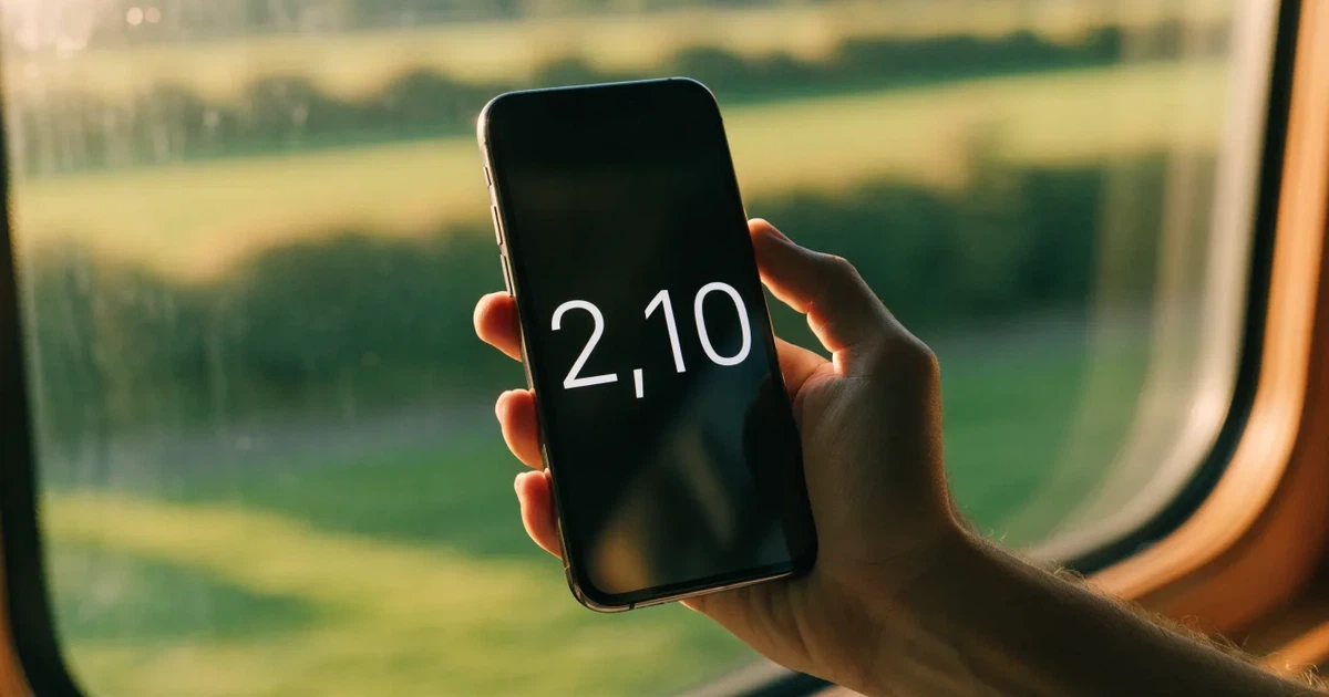 Eine Hand hält ein Smartphone mit dunklem Display in einem Zug, am Fenster ziehen verschwommen Felder vorbei.