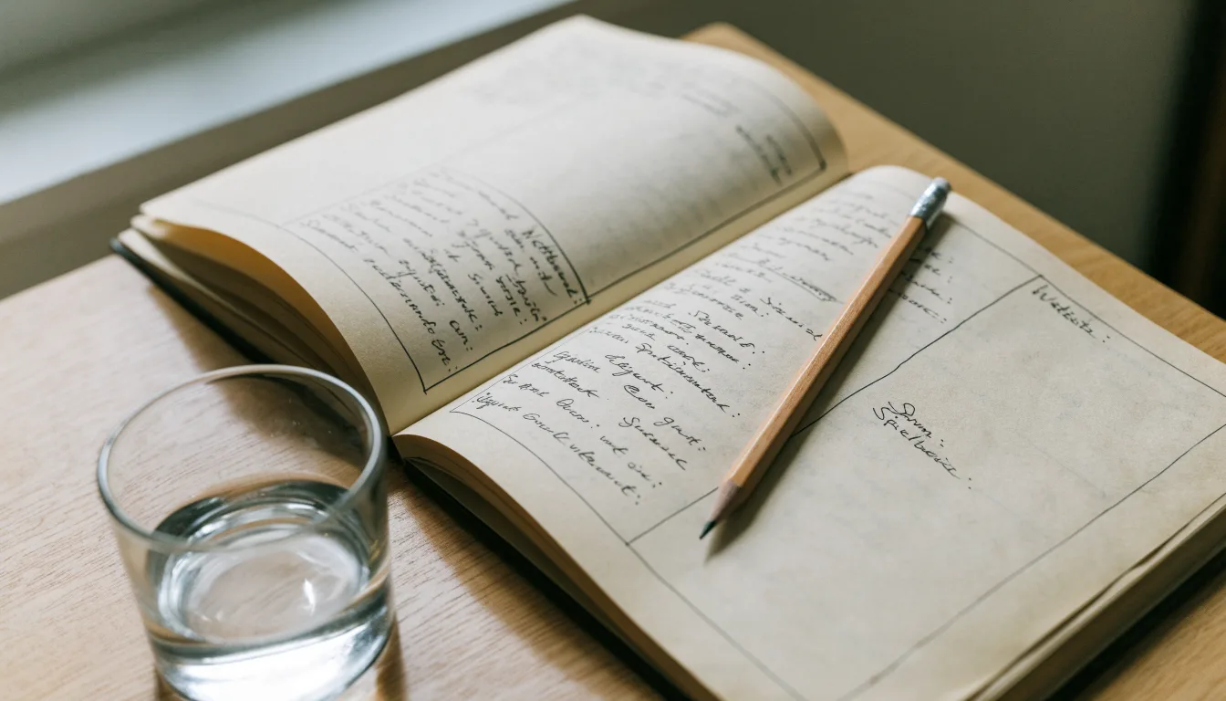 Ein Notizbuch mit handgezeichneten Spalten und ein Bleistift liegen auf einem hellen Holztisch neben einem Glas Wasser.