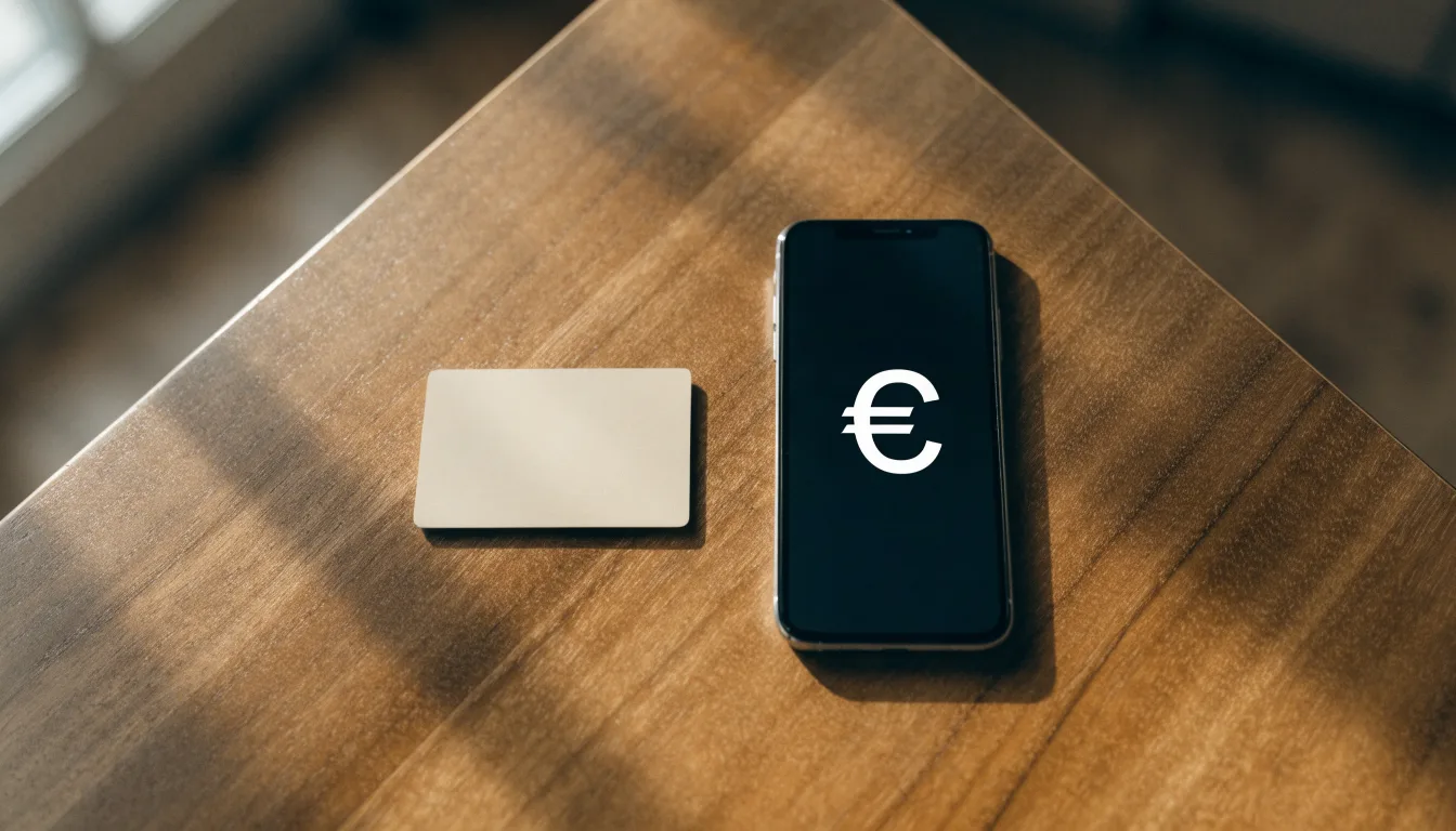 Eine Bankkarte ohne Aufdruck liegt neben einem Smartphone mit dunklem Display auf einem Holztisch.