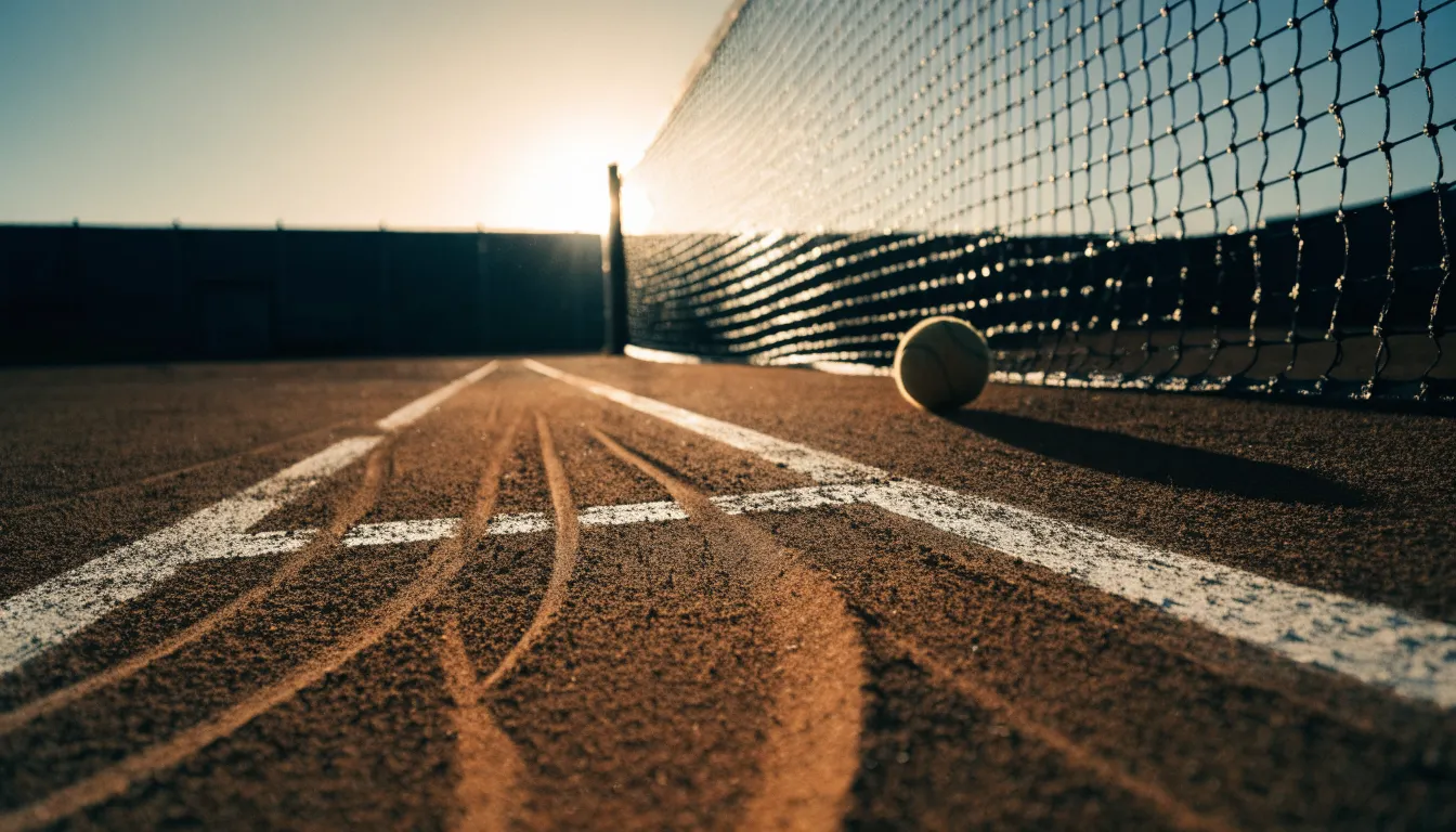 Ein Tennisplatz aus Sand bei Sonnenaufgang, das Netz im Gegenlicht, kein Mensch zu sehen.