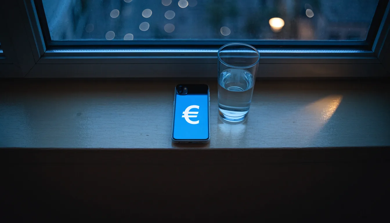 Die Silhouette einer Person sitzt am Abend am Fenster und blickt auf eine Straße, auf dem Fensterbrett steht ein Glas Wasser.