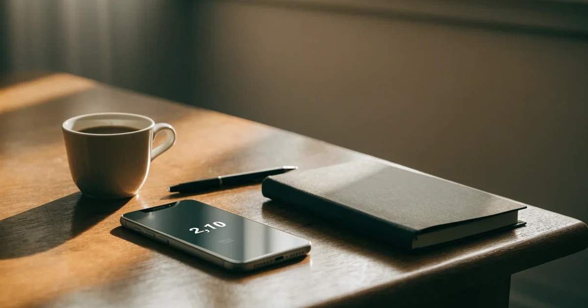Ein Holzschreibtisch im Morgenlicht mit geschlossenem Notizbuch, Kugelschreiber und Kaffeetasse, daneben ein Smartphone mit dunklem Bildschirm.