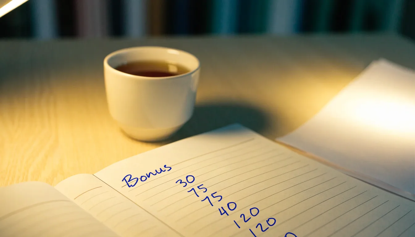 Ein Notizbuch mit handgeschriebenen Rechnungen und ein Taschenrechner auf einem hellen Schreibtisch neben einer Tasse Tee.
