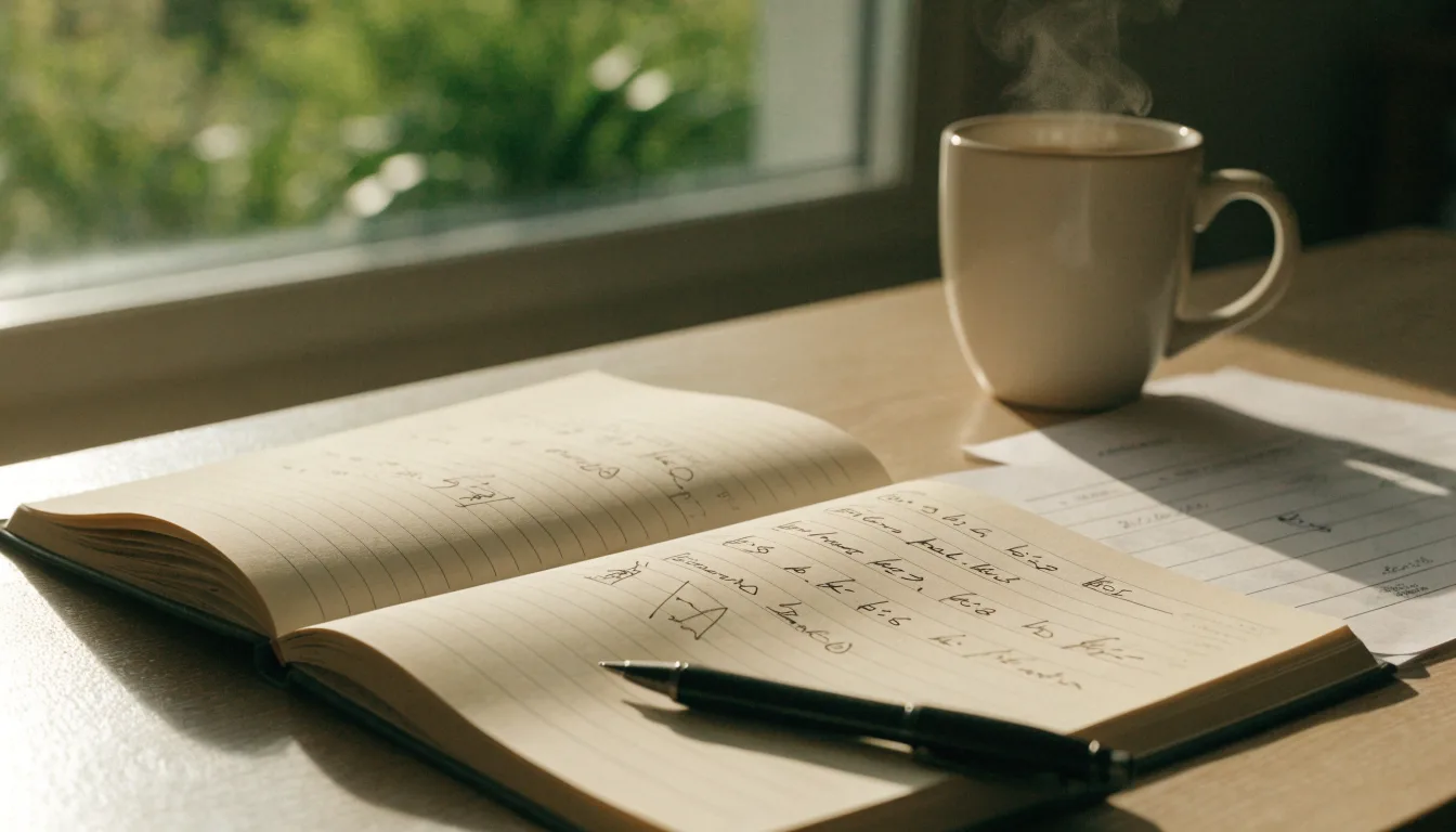 Eine Tasse Kaffee, ein Kugelschreiber und ein aufgeschlagenes leeres Notizbuch auf einem Küchentisch am Fenster.