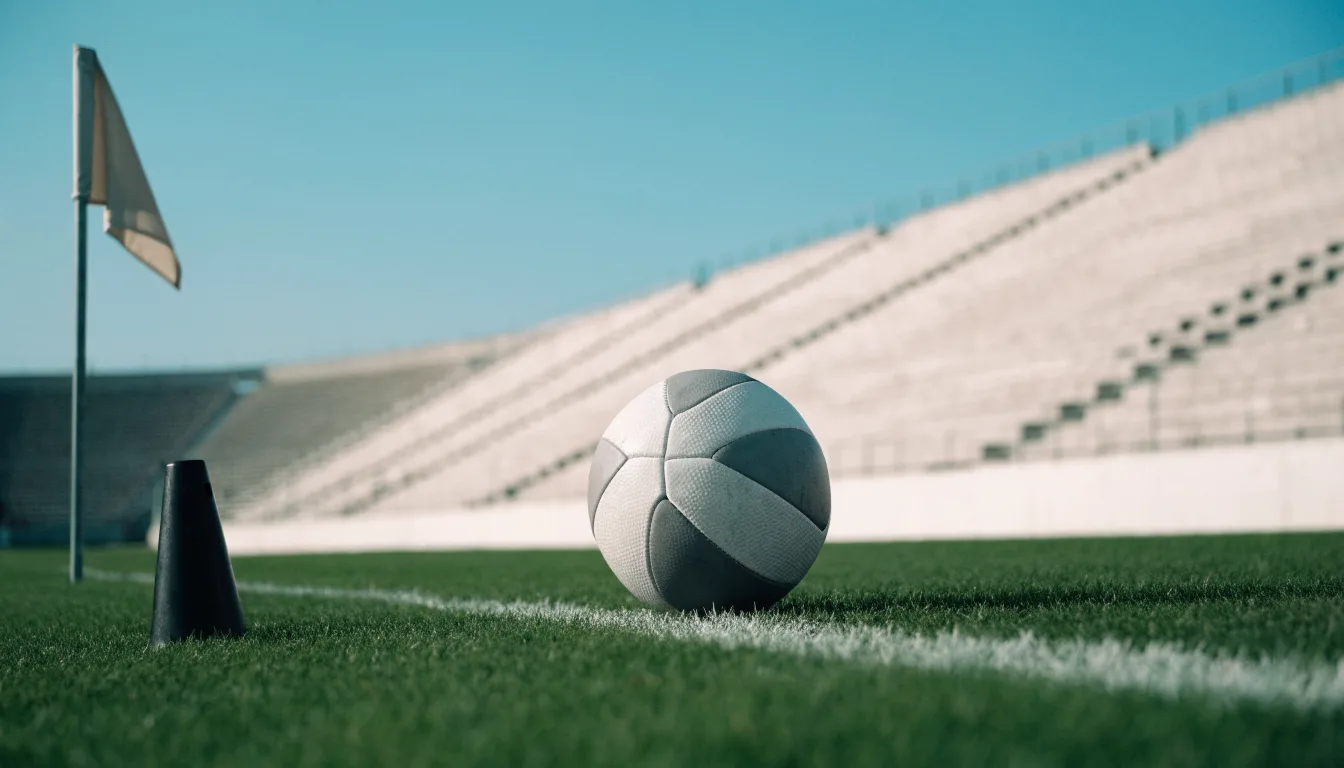 Ein Fußball liegt am Spielfeldrand eines Rasenplatzes, im Hintergrund eine leere Tribüne unter hellem Himmel.