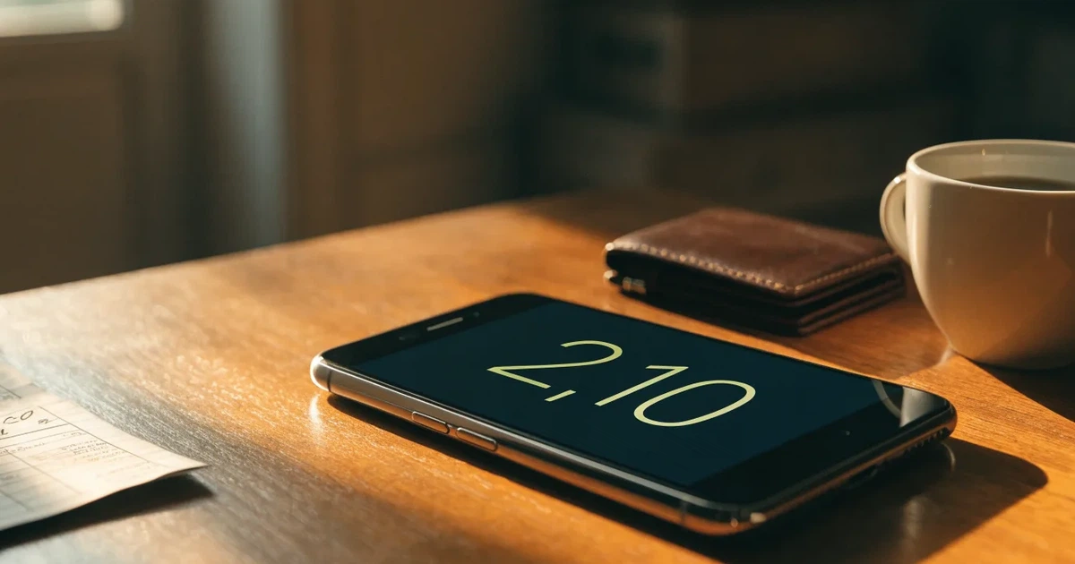 Ein Smartphone mit dunklem Bildschirm liegt auf einem Holztisch neben einem Portemonnaie und einer Kaffeetasse im Fensterlicht.