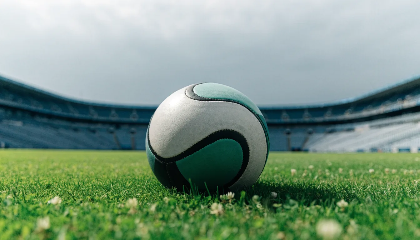 Ein Fußball auf einem Rasen, im Hintergrund ein leeres Stadion bei bewölktem Himmel.