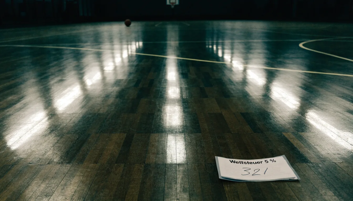 Ein Basketballfeld in einer leeren Halle, das Parkett spiegelt das Deckenlicht.