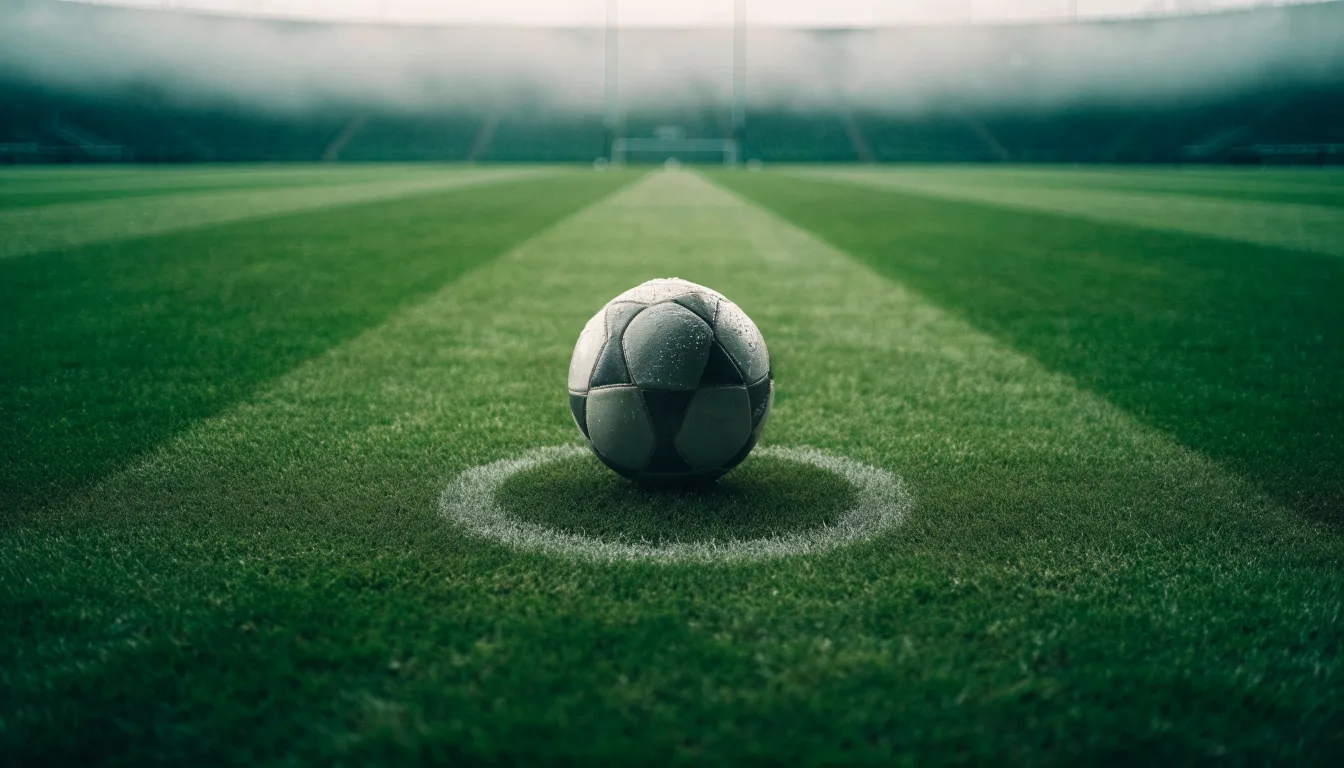 Ein Fußball liegt auf dem Anstoßpunkt eines leeren Rasenplatzes, im Hintergrund hängt Morgendunst über den Tribünen.