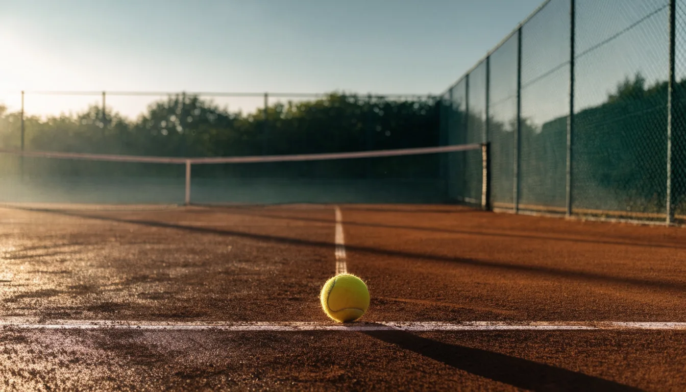 Ein Tennisplatz bei Sonnenaufgang, die Linien noch taufeucht, ein einzelner Ball liegt an der Grundlinie.