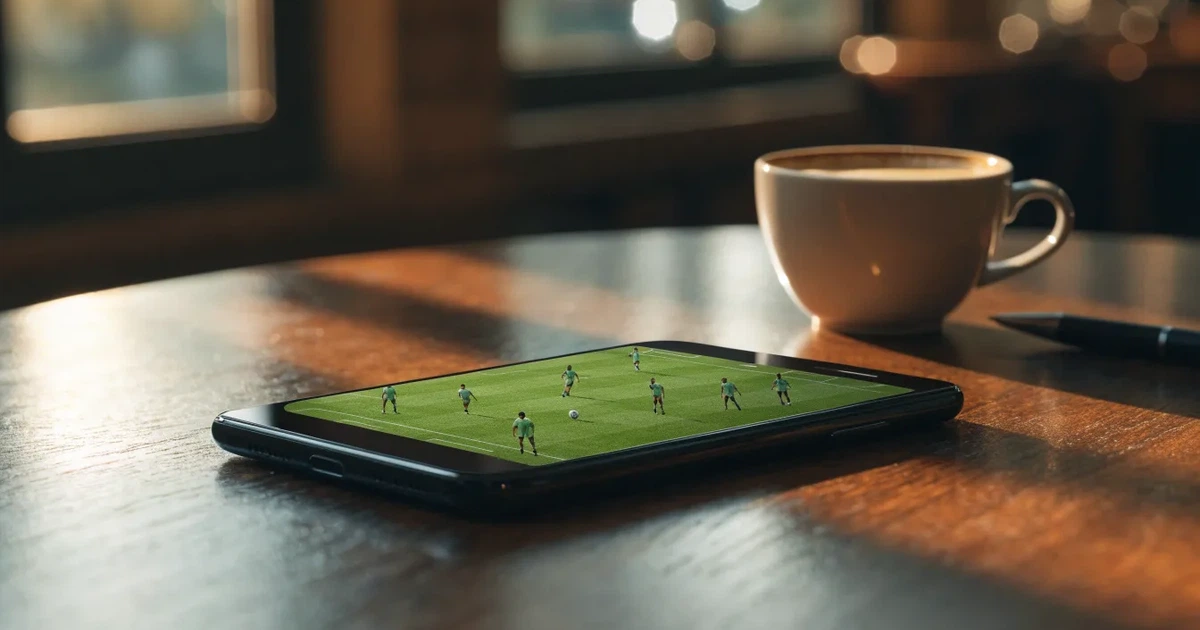 Ein Smartphone liegt mit dunklem Display auf einem Café-Tisch neben einer Tasse Kaffee und einem Kugelschreiber.