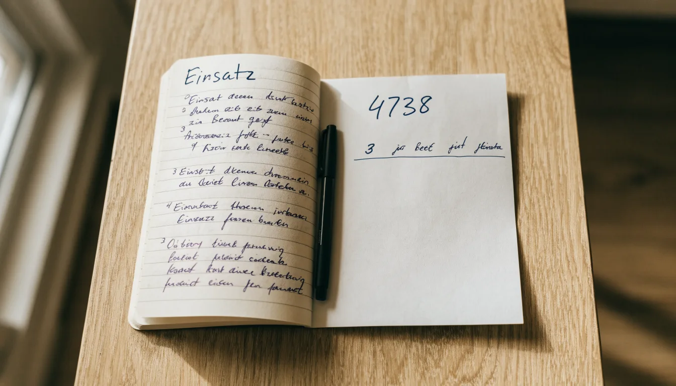 Ein Notizbuch mit handschriftlichen Notizen liegt aufgeschlagen neben einem leeren Papier-Wettschein auf einem Holztisch.