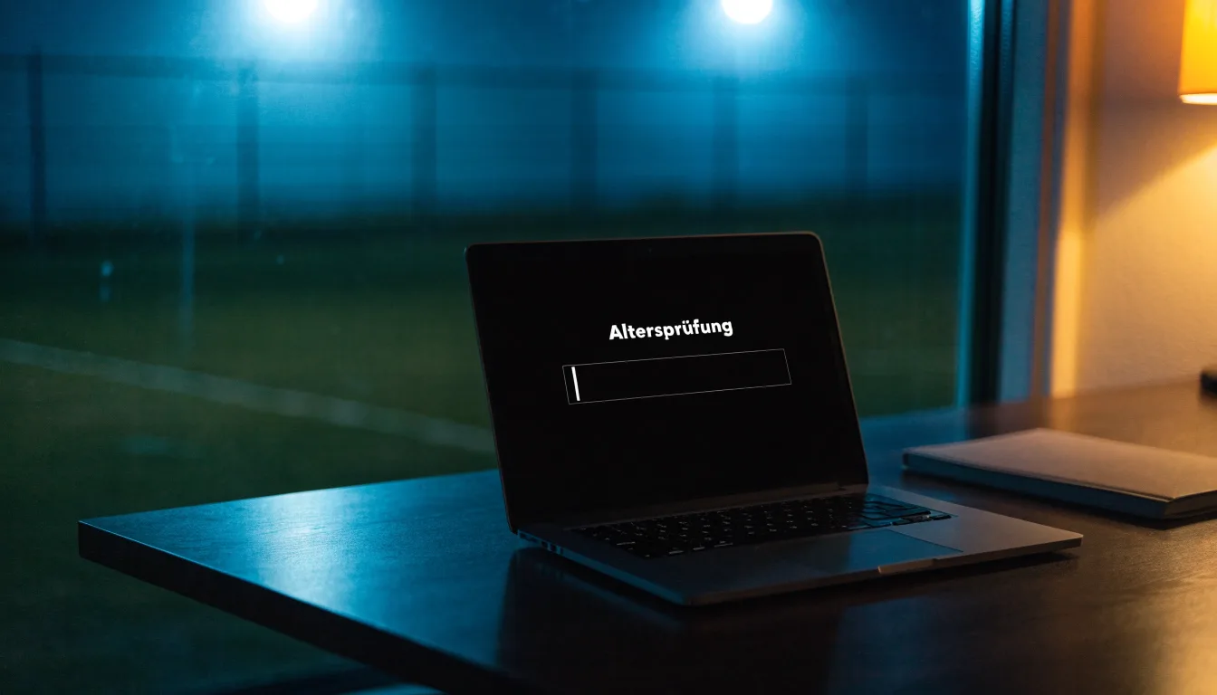 Eine Flutlichtanlage über einem leeren Sportplatz am Abend, im Vordergrund ein Maschendrahtzaun.