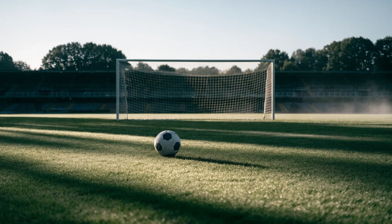 Ein Fußball auf dem Rasen vor einem leeren Tor im frühen Morgenlicht.