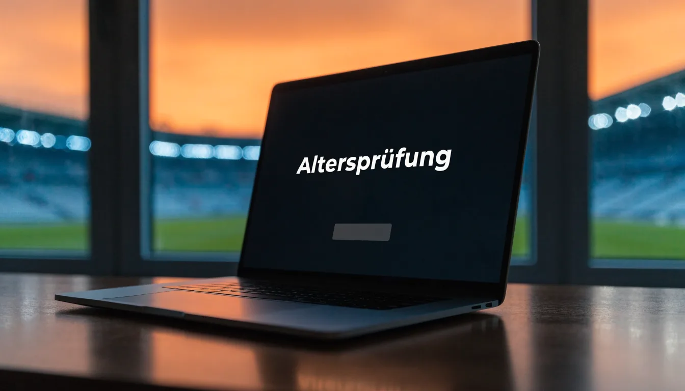 Ein hell beleuchtetes Stadion aus der Ferne in der Dämmerung, im Vordergrund ein Feld mit hohem Gras.