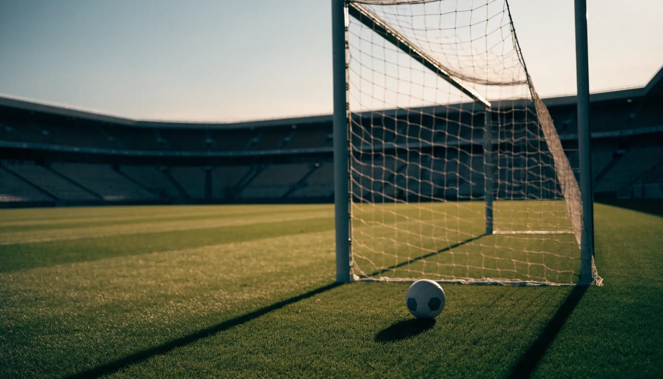 Ein Fußball liegt im Strafraum eines leeren Platzes, dahinter die Netze des Tores im Abendlicht.