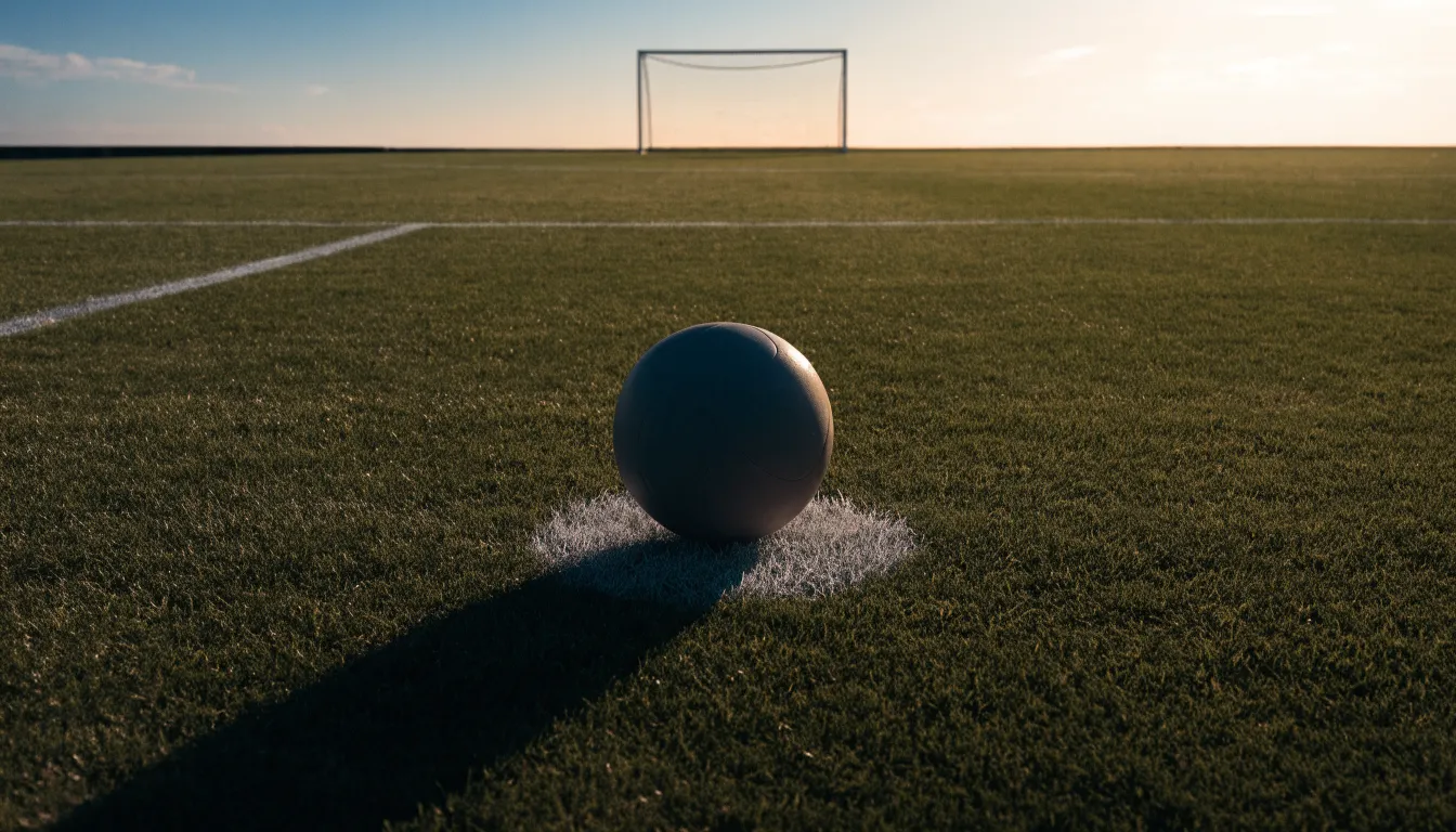 Ein Fußball liegt auf dem Elfmeterpunkt eines leeren Platzes im Abendlicht.
