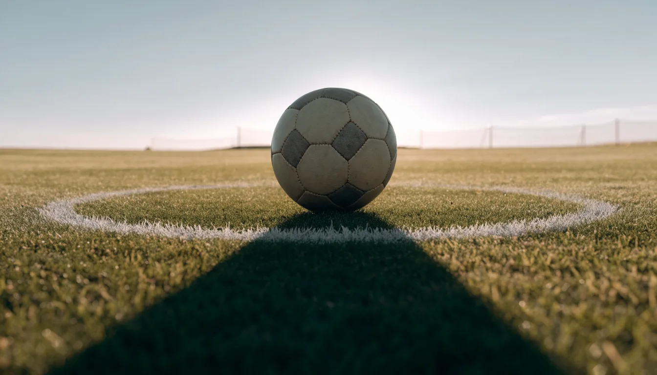 Ein Fußball auf dem Mittelkreis eines leeren Rasenplatzes im frühen Morgenlicht.