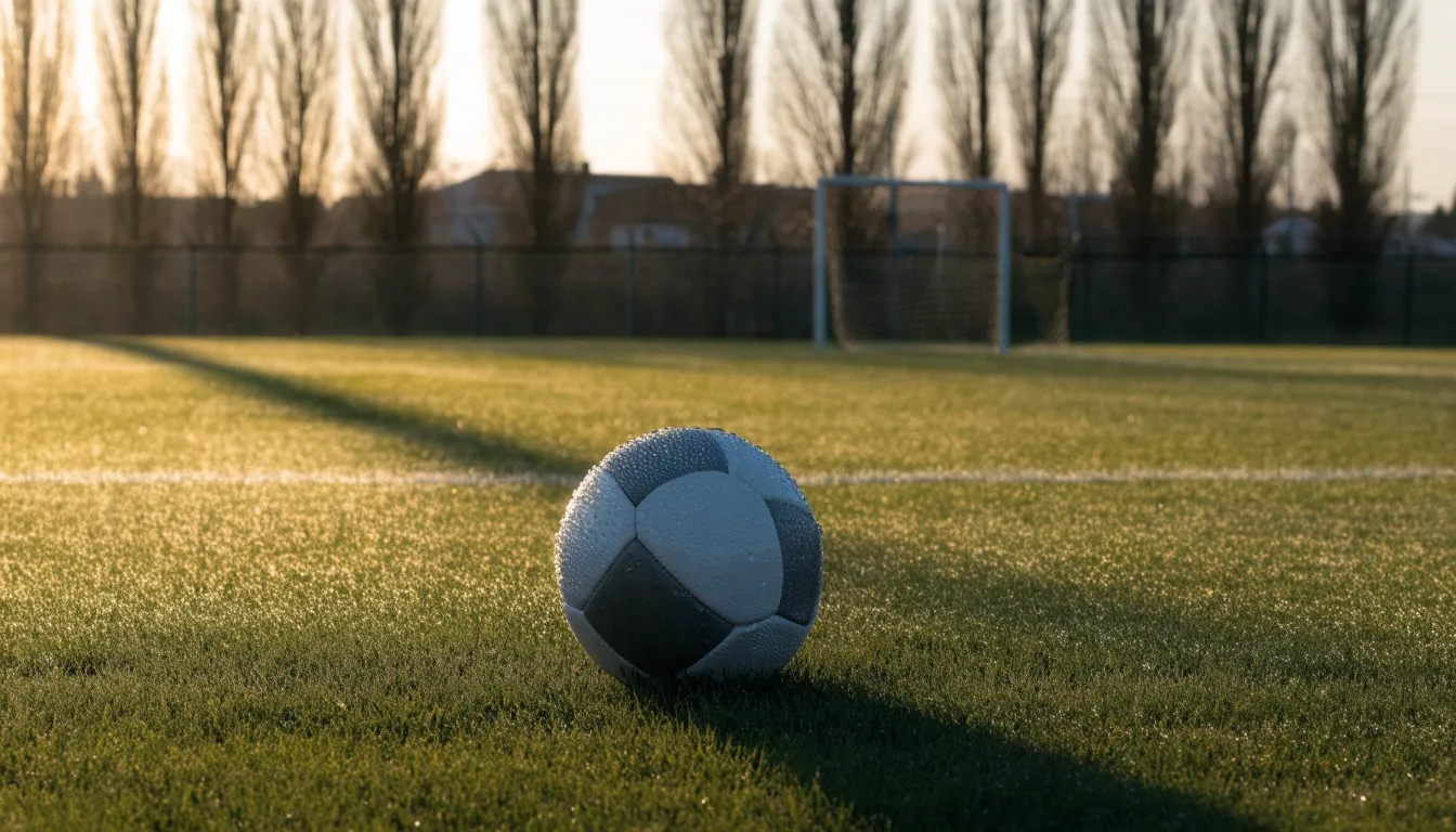 Ein Fußball auf dem Rasen eines leeren Sportplatzes am Rand einer Kleinstadt im Morgenlicht.