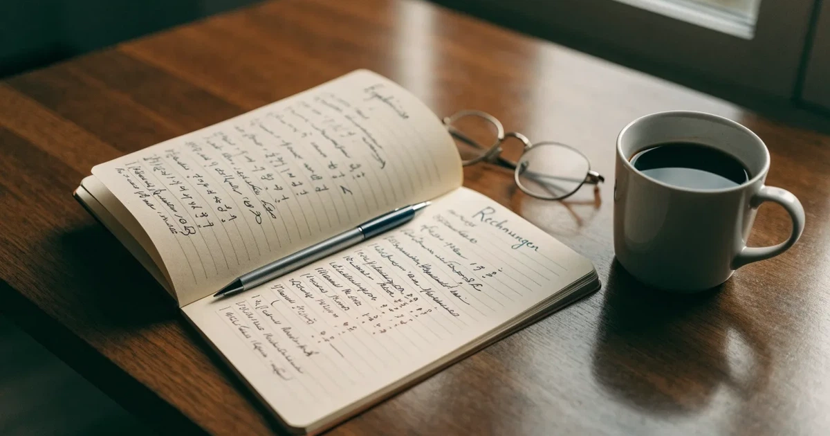 Ein Notizbuch mit handschriftlichen Rechnungen und ein Taschenrechner liegen auf einem Schreibtisch neben einer Tasse Kaffee im Licht des frühen Morgens.