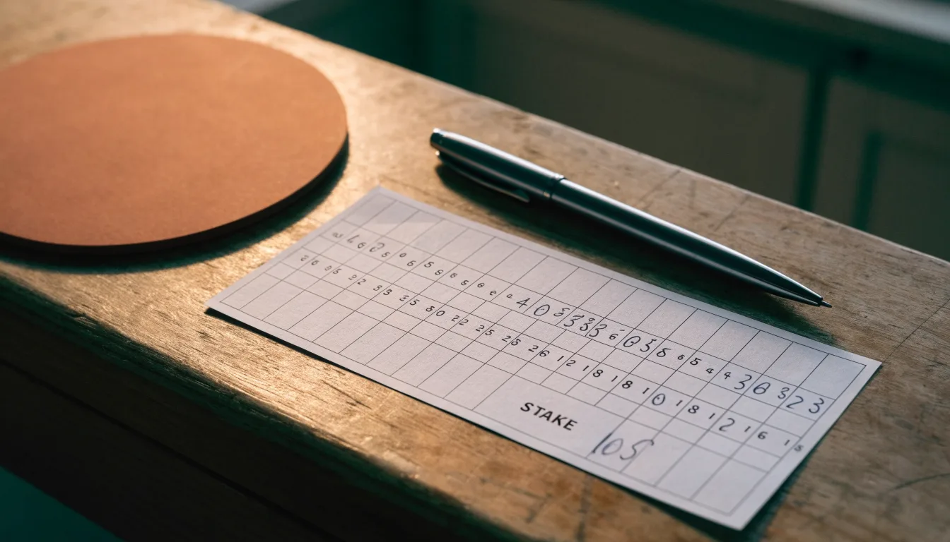 Ein leerer Wettschein aus Papier liegt neben einem Stift auf einer hölzernen Theke, weiches Licht fällt von der Seite ein.