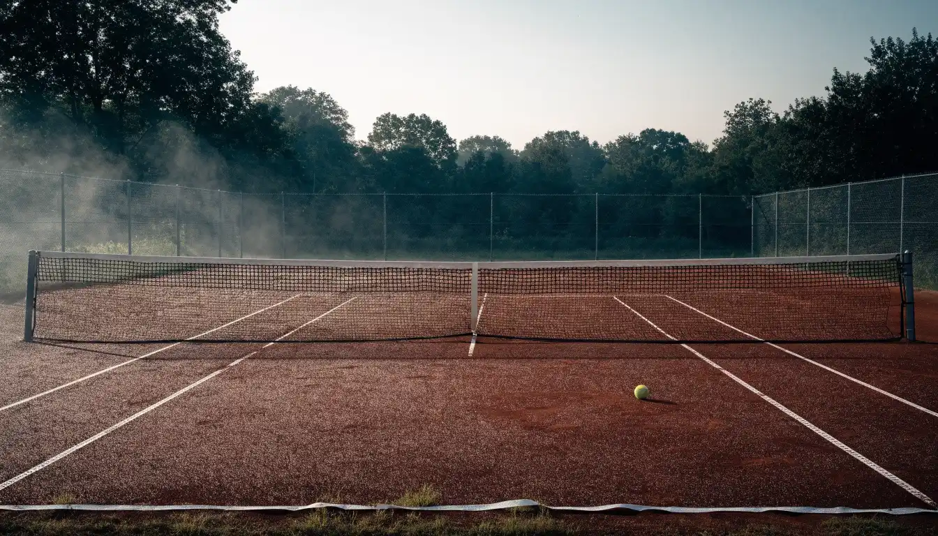 Ein Tennisplatz im Morgengrauen, das Netz und die Linien liegen im Tau, im Hintergrund leichter Nebel und kein Mensch zu sehen.