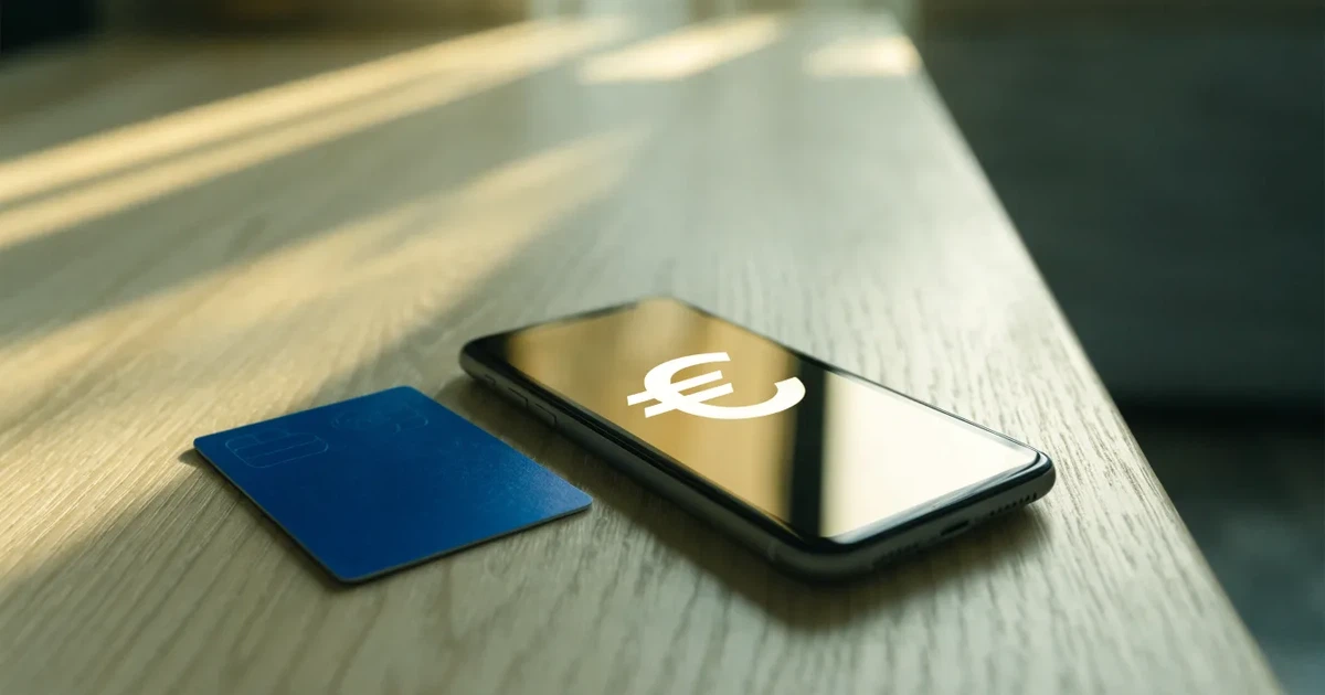 Ein Smartphone mit dunklem Display liegt neben einer schlichten Plastikkarte ohne Aufdruck auf einem hellen Schreibtisch.