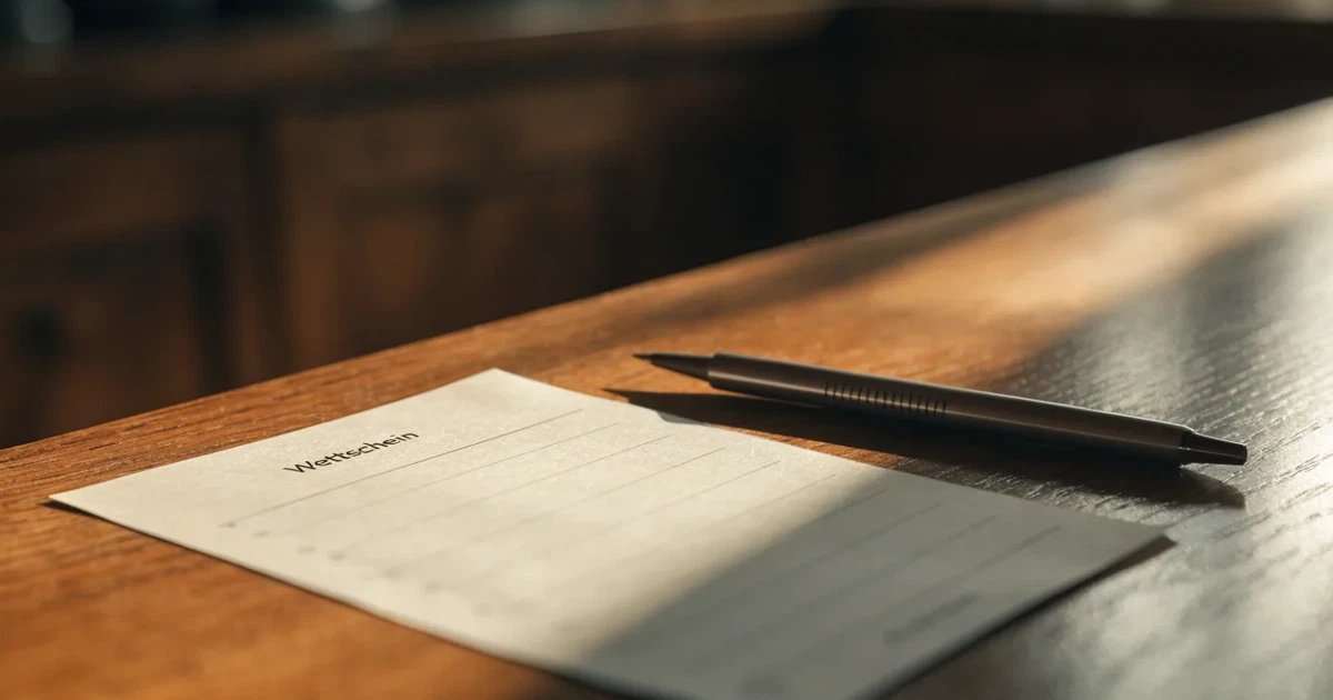 Ein leerer Wettschein aus Papier liegt neben einem Stift auf einer hölzernen Theke, weiches Licht fällt von der Seite ein.