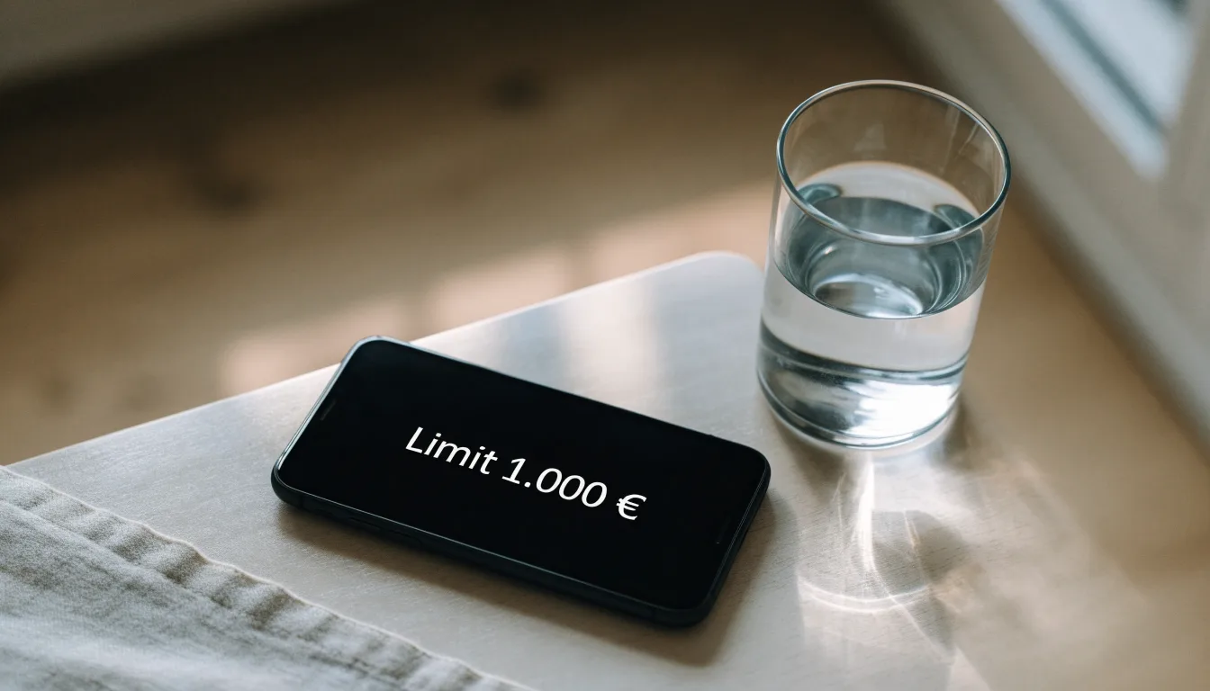 Ein Smartphone liegt mit dem Display nach unten auf einem Küchentisch, daneben stehen ein Glas Wasser und eine Armbanduhr.