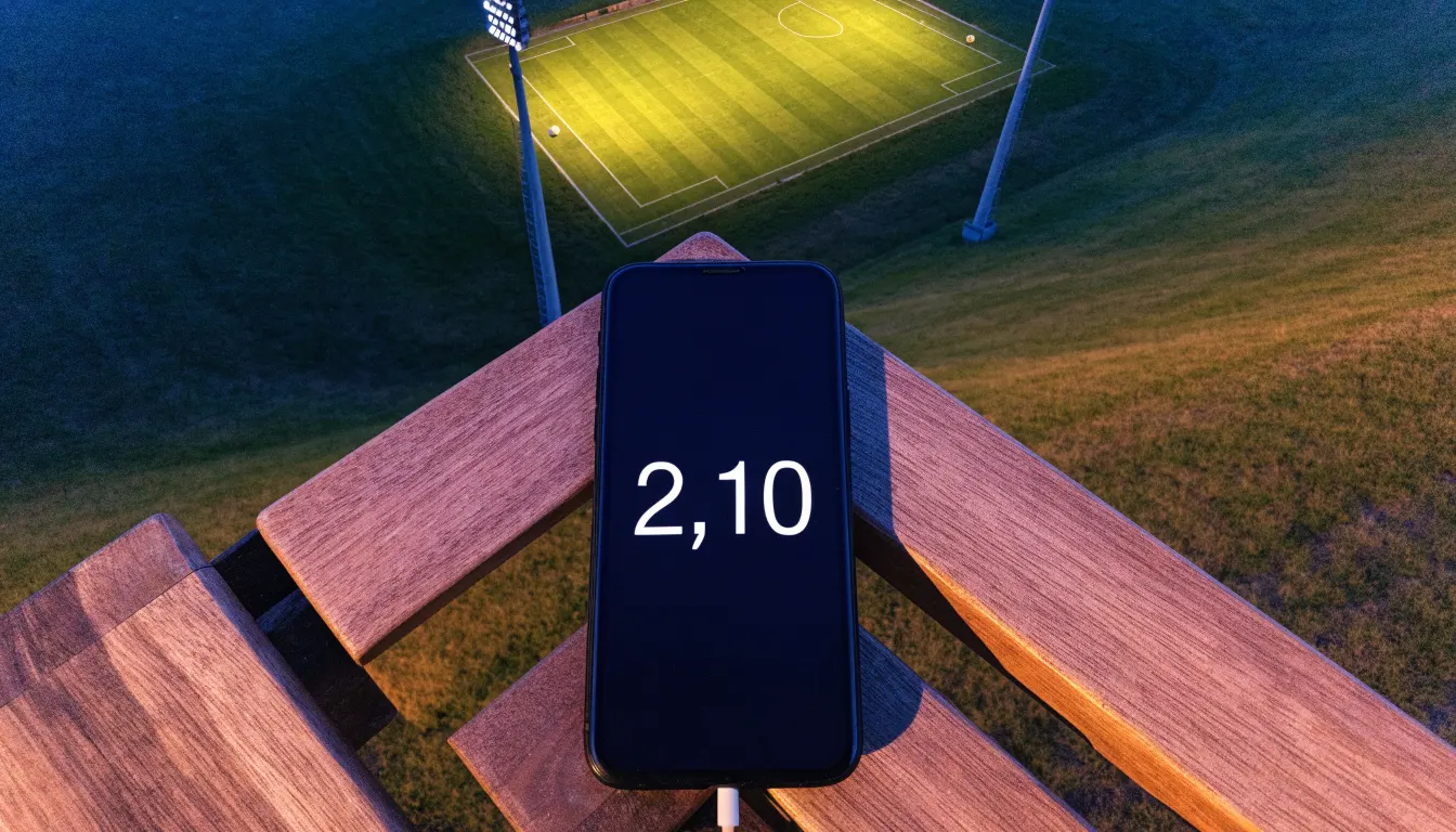 Eine leere Parkbank am Rand eines Fußballfelds in der Abenddämmerung, im Hintergrund ragen dunkle Flutlichtmasten in den Himmel.