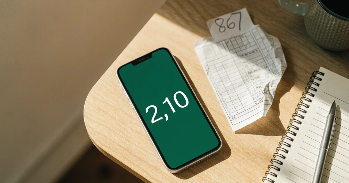 Ein Smartphone liegt neben einem Notizbuch und einem Kugelschreiber auf einem hellen Schreibtisch, das Display ist ausgeschaltet.